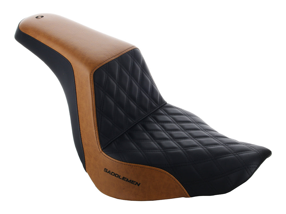 Saddlemen- Custom Black & Brown Step-Up LS Dual Seat with Black Double Diamond Lattice Stitch. Fits Sport Glide & Low Rider 2018up, Low Rider S 2020up & Low Rider ST 2022up.