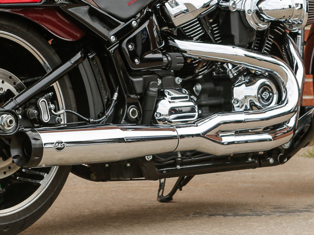 S&S- 2-Into-1 SuperStreet Exhaust – Chrome With Black End Cap. Fits Breakout & Fat Boy 2018up & FXDR 2019up.