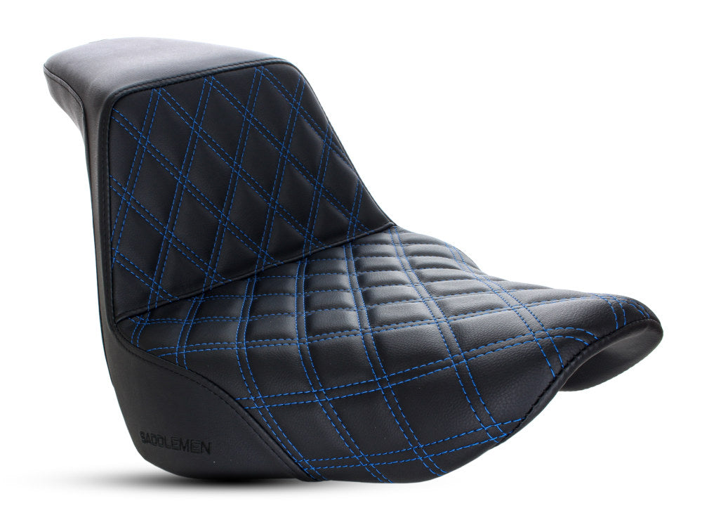 Saddlemen- Step-Up LS Dual Seat With Blue Double Diamond Lattice Stitch. Fits Sport Glide & Low Rider 2018up, Low Rider S 2020up & Low Rider ST 2022up