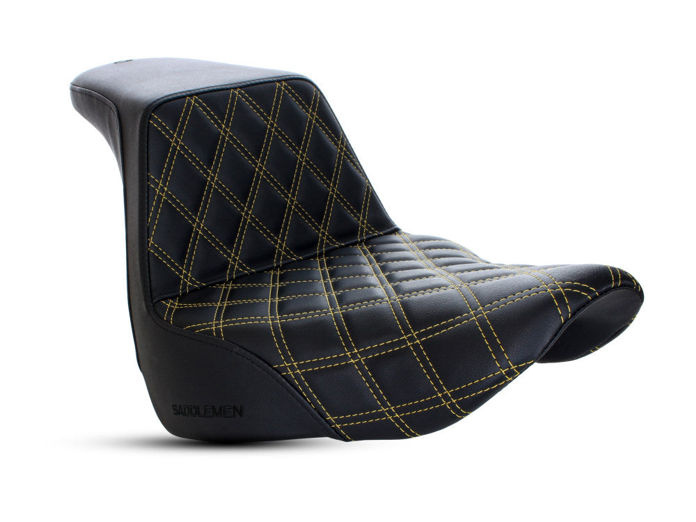 Saddlemen- Step-Up LS Dual Seat With Gold Double Diamond Lattice Stitch. Fits Sport Glide & Low Rider 2018up, Low Rider S 2020up & Low Rider ST 2022up