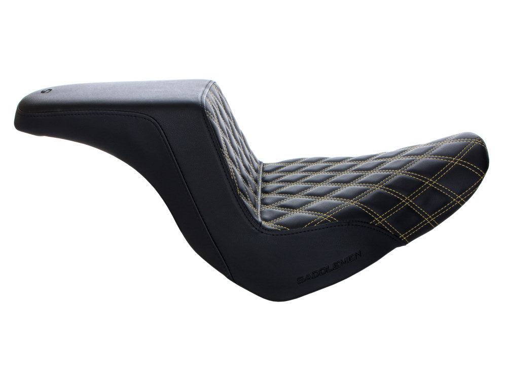 Saddlemen- Step-Up LS Dual Seat With Gold Double Diamond Lattice Stitch. Fits Sport Glide & Low Rider 2018up, Low Rider S 2020up & Low Rider ST 2022up
