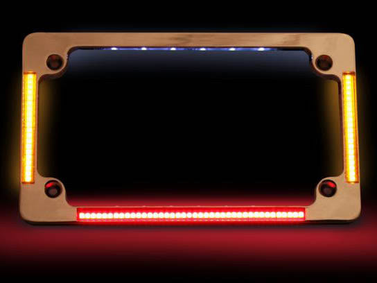 CUSTOM DYNAMICS Flat Number Plate Frame with LED Amber Turn Signals & Red Brake Light – Chrome