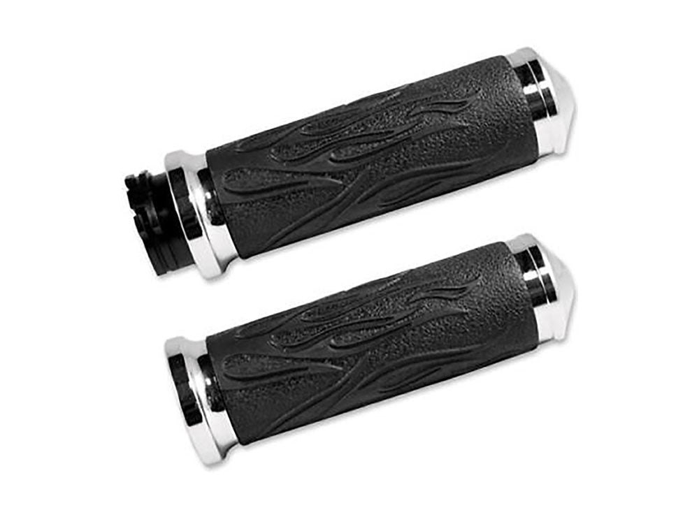 Avon Grips - Flame Handgrips – Chrome. Fits H-D with Throttle Cable