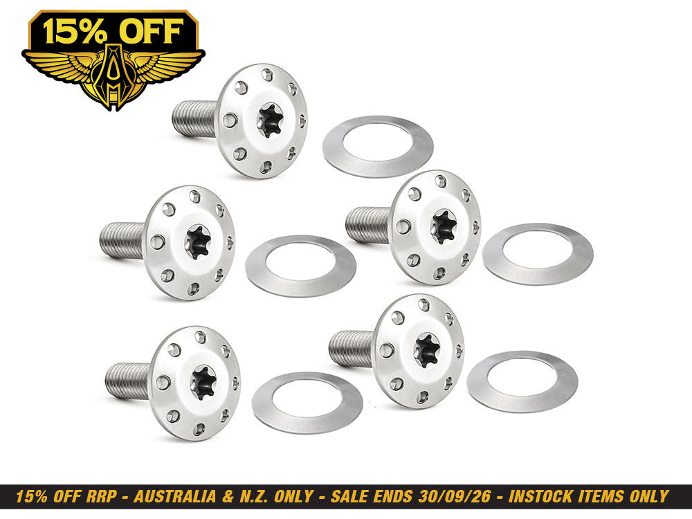 Titanium Holeshot Front Brake Rotor Bolts - Polished. Fits Street Glide & Road Glide 2024up with Spoke Mounted Disc, Sportster S 2021up & Pan America 2021up with Cast Mag Wheel