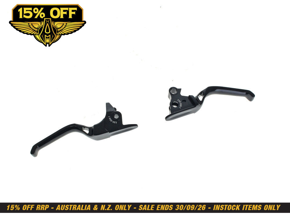 Method Levers - Black. Fits Softail 1996-2014, Dyna 1996-2017, Touring 1996-2007 & Sportster 1996-2003.