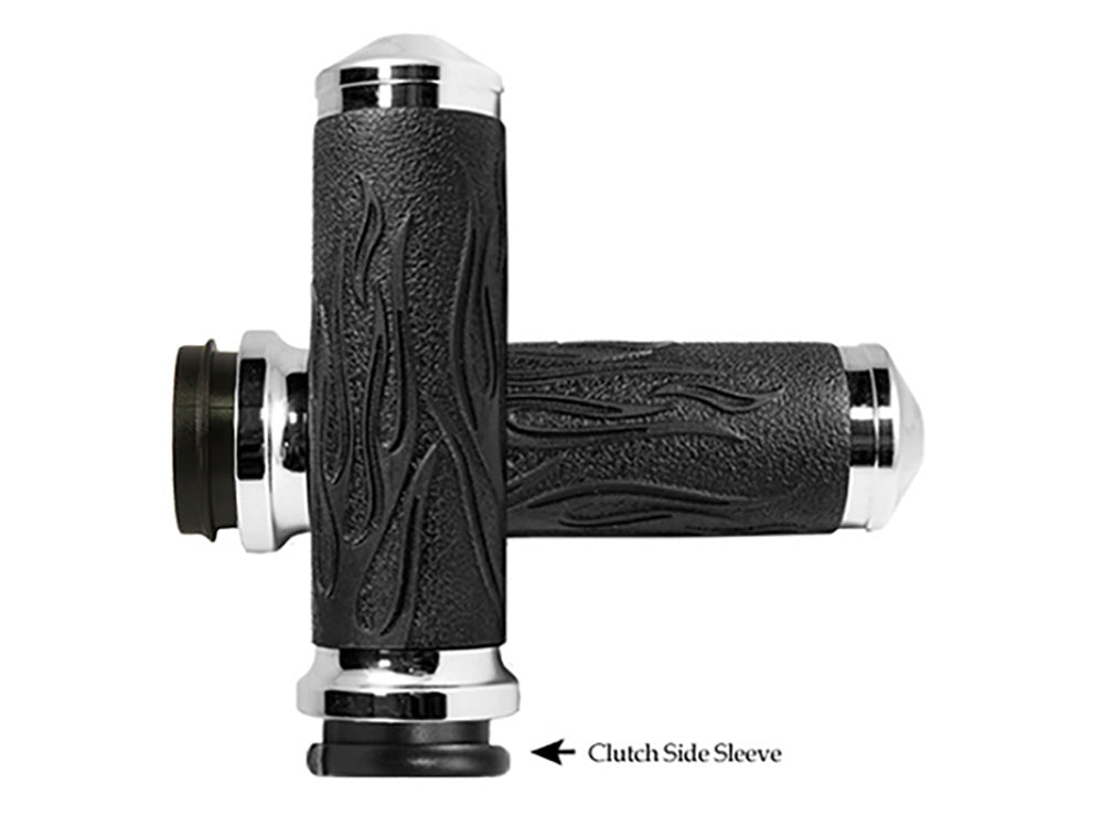 Flame Handgrips - Chrome. Fits Big Twin 2008-2024 with Throttle-by-Wire