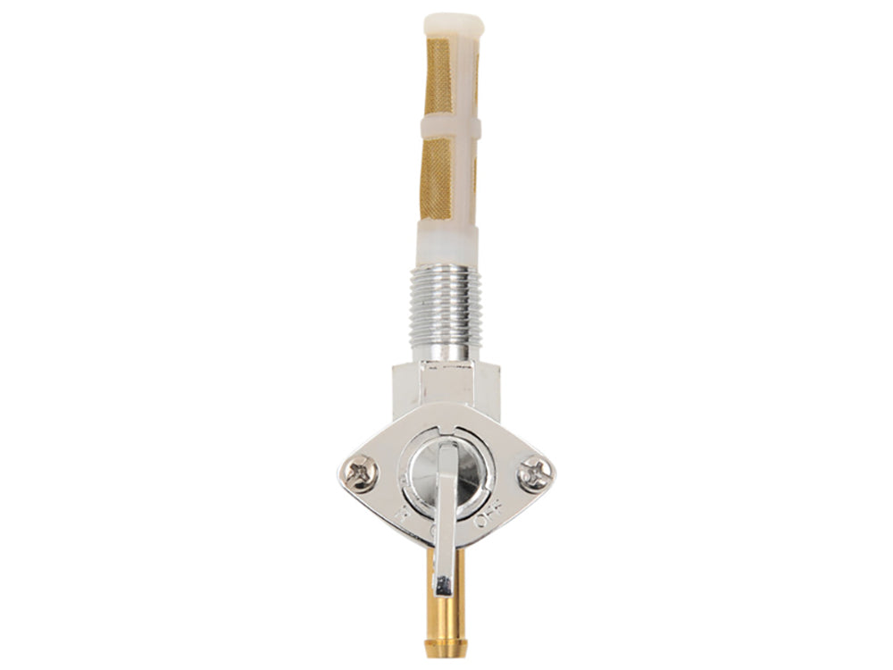 Fuel Tap / Petcock with 3/8in. NPT Thread, 5/16in. Downward Facing Fuel Outlet - Chrome. Fits H-D Pre 1975.
