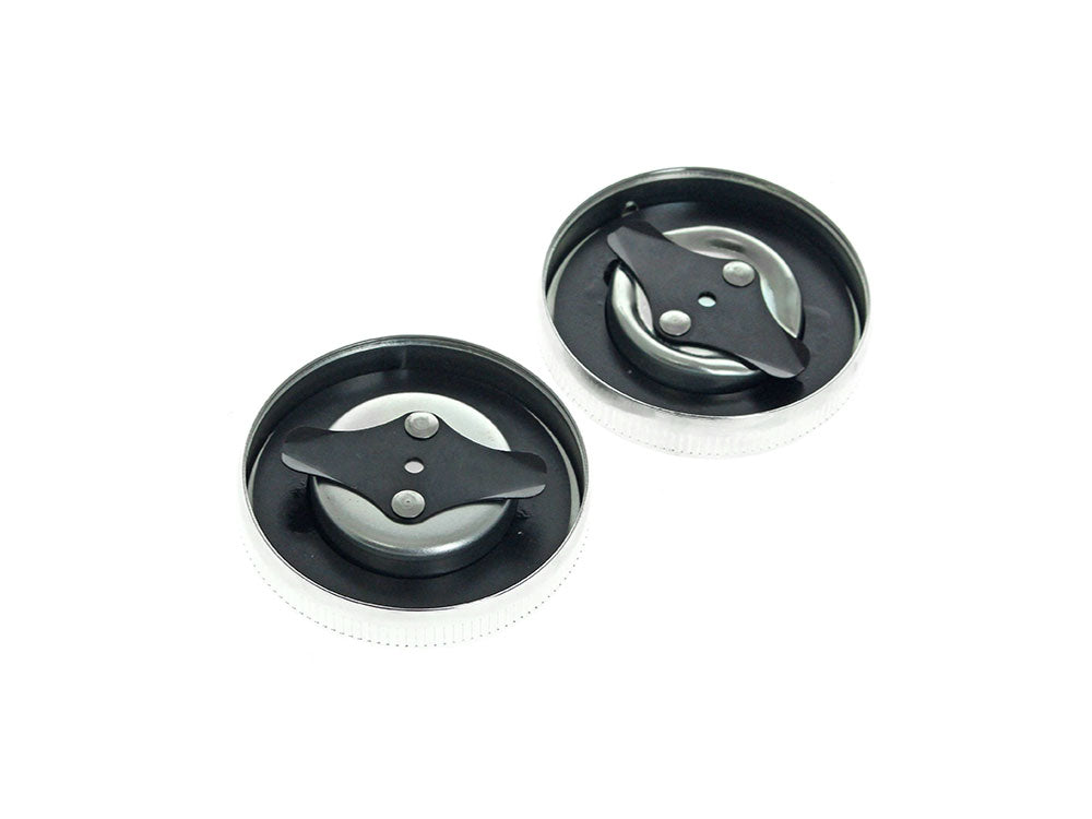 Early Style Fat Bob Fuel Caps - Chrome. Fits Big Twin 1936-1973 & Sportster 1958-1973.