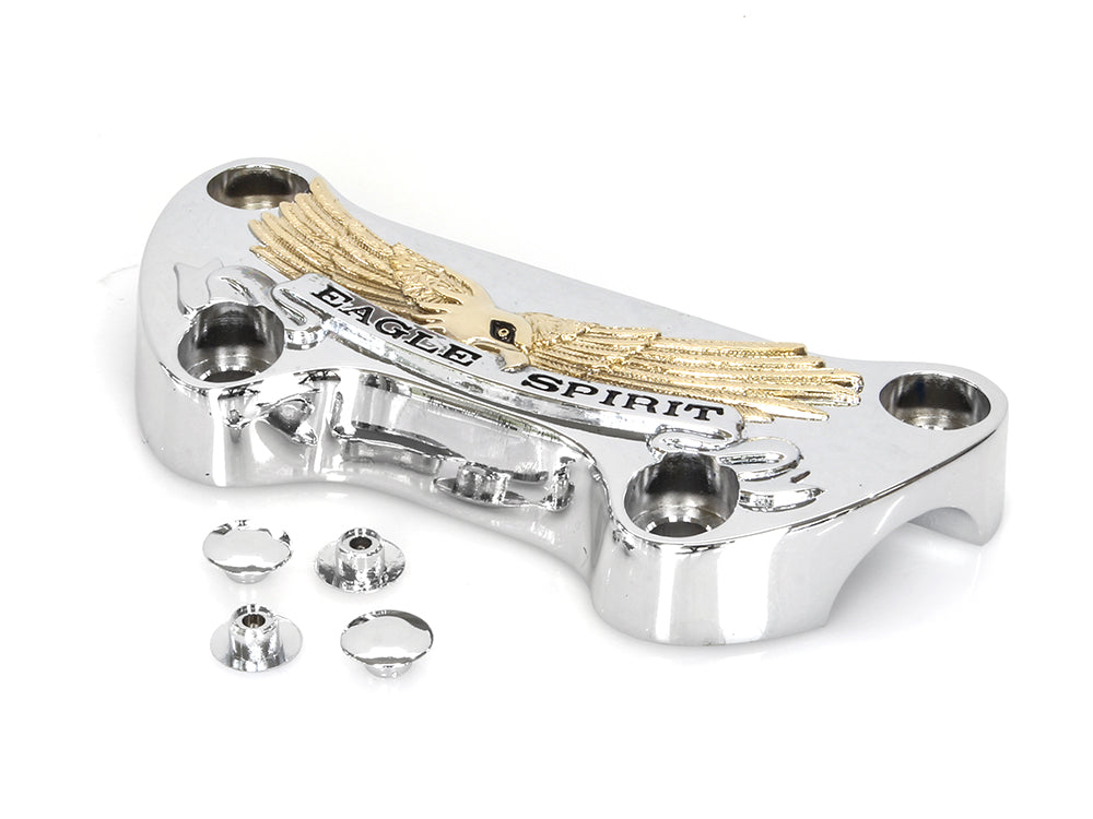 Eagle Spirit Logo Handlebar Top Clamp - Chrome & Gold. Fits HD Big Twin 1974up & Sportster 1974-2021.