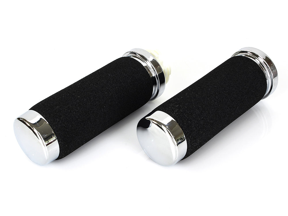 Black Soft Touch Handgrips - Chrome. Fits H-D with Throttle Cable.