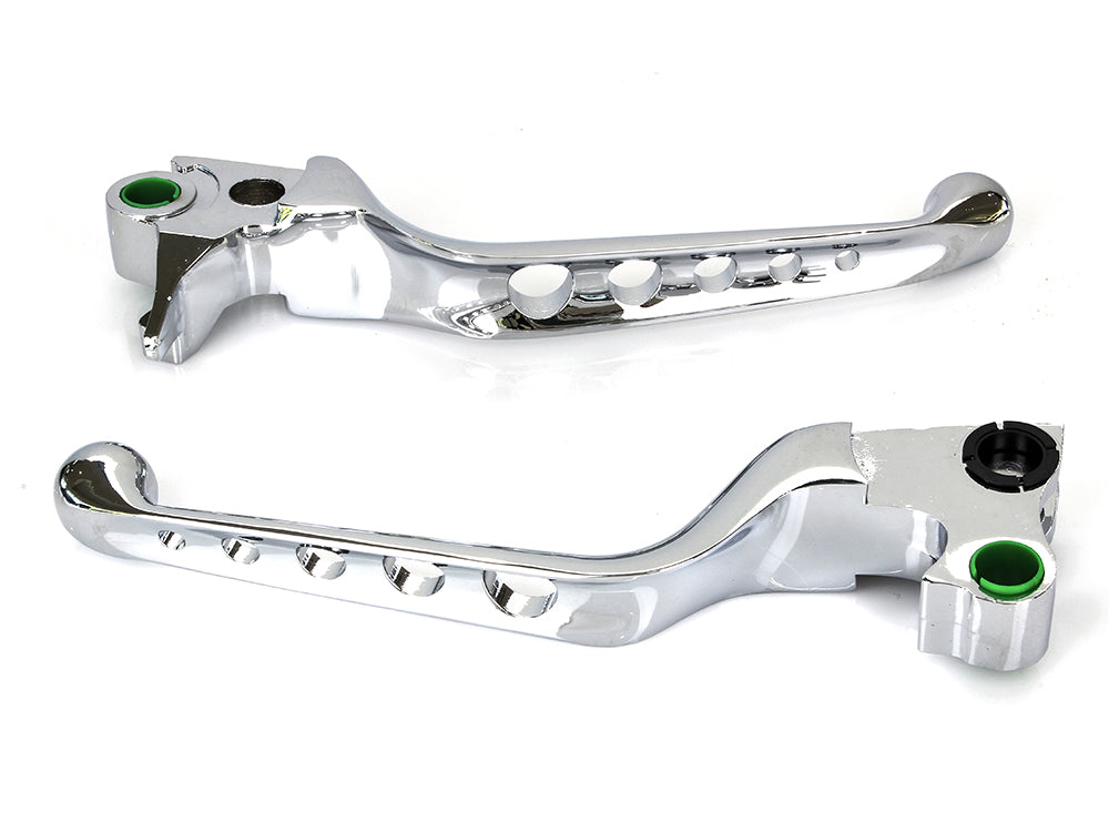 5 Hole Hand Levers - Chrome. Fits Softail 1996-2014, Dyna 1996-2017, Touring 1996-2007 & Sportster 1996-2003.