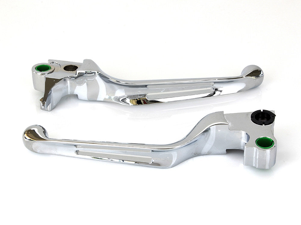 2 Slot Hand Levers – Chrome. Fits Softail 1996-2014, Dyna 1996-2017, Touring 1996-2007 & Sportster 1996-2003.