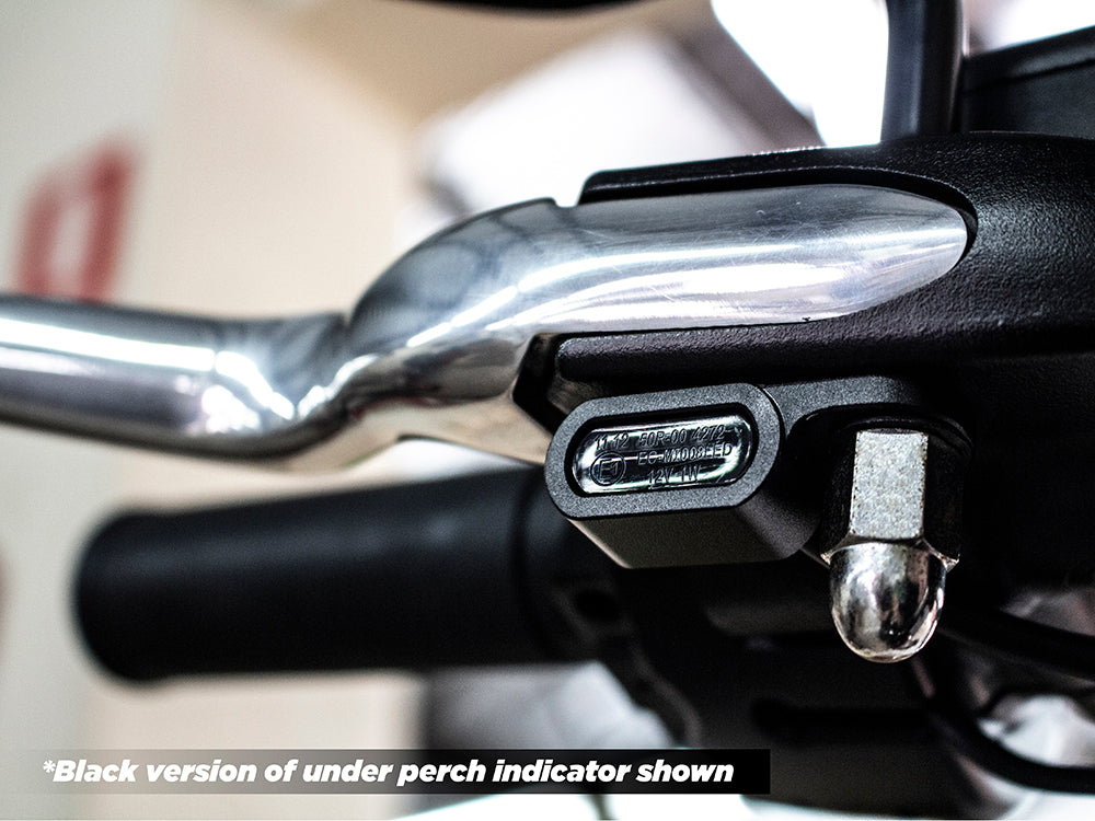 Under Perch Turn Signals - Chrome. Fits Softail S 2016-2017, V-Rod 2009-2017 & Touring 2009-2020 Models with Hydraulic Clutch.