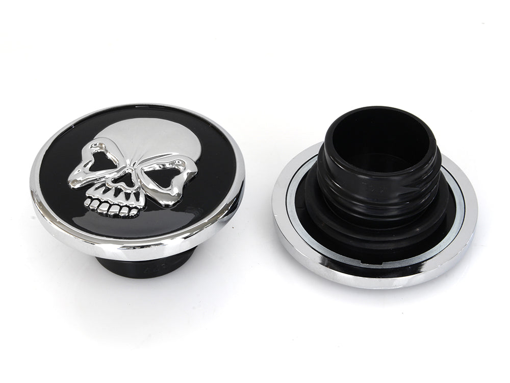 Screw-In Fuel Caps - Chrome & Black Skull. Fits H-D 1982-1995.