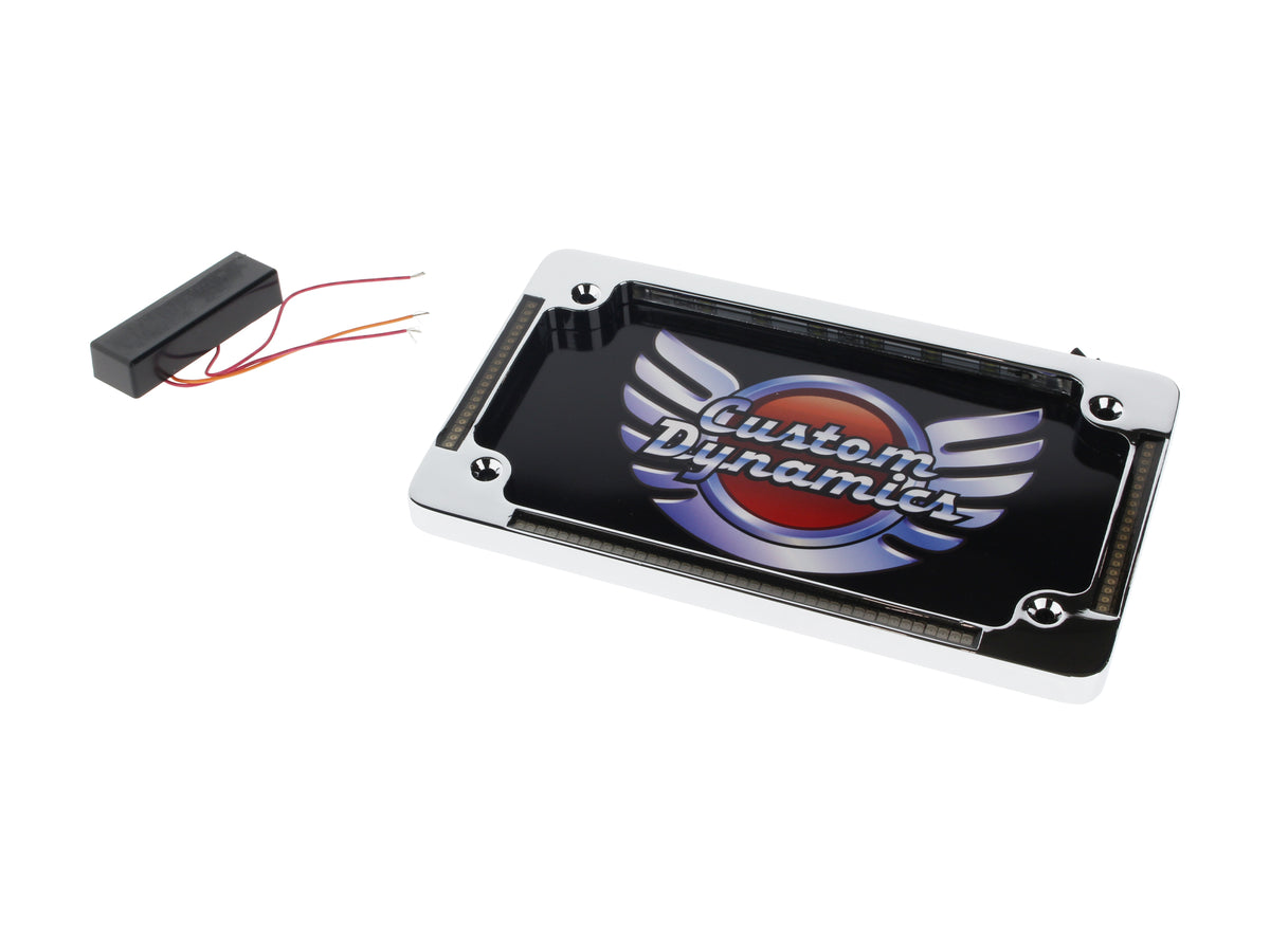 Flat Number Plate Frame with LED Amber Turn Signals & Red Brake Light - Chrome.