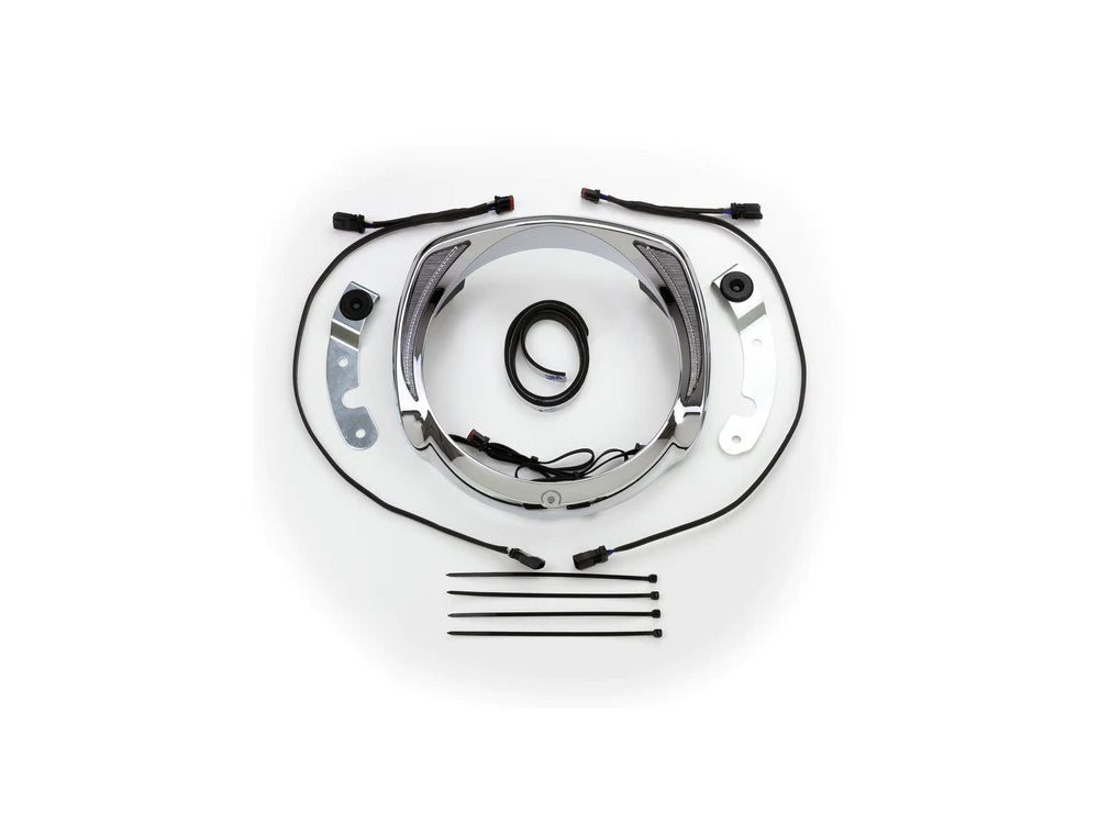Fang LED Headlight Bezel with White Running Lights - Chrome. Fits Touring 2014-2023