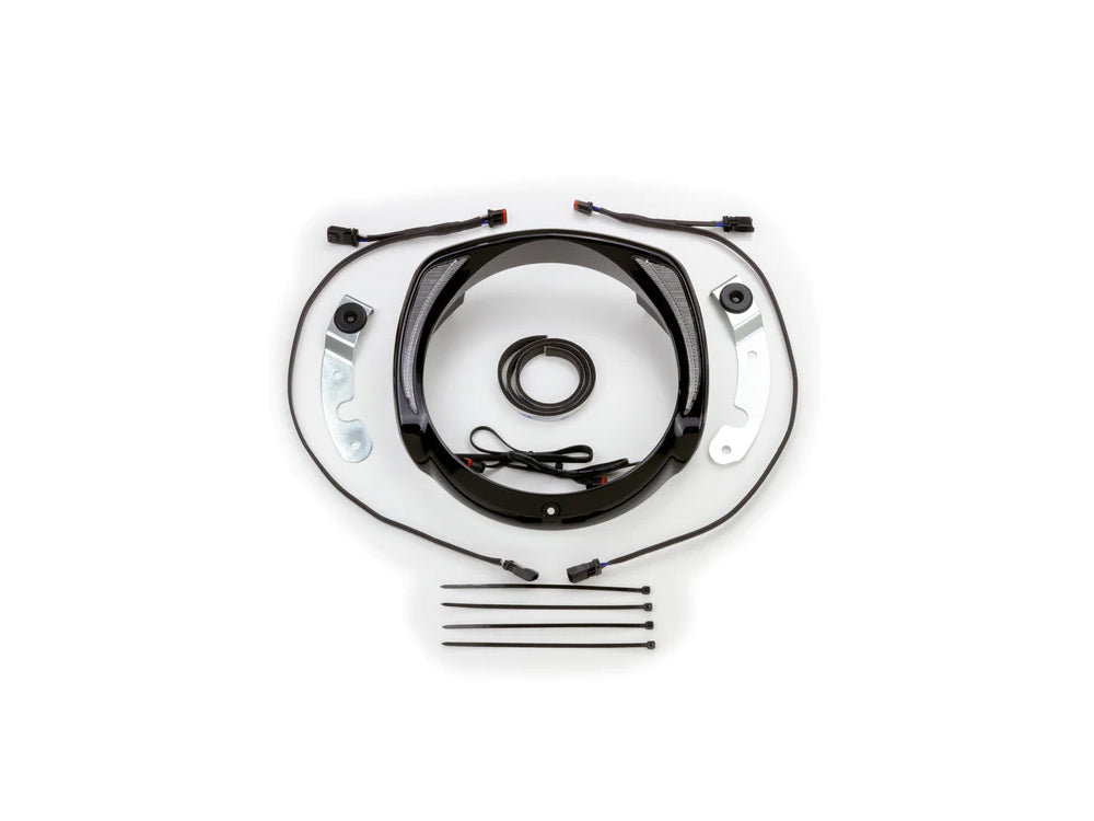Fang LED Headlight Bezel with Amber Turn Signals & White Running Lights - Black. Fits Touring 2014-2023