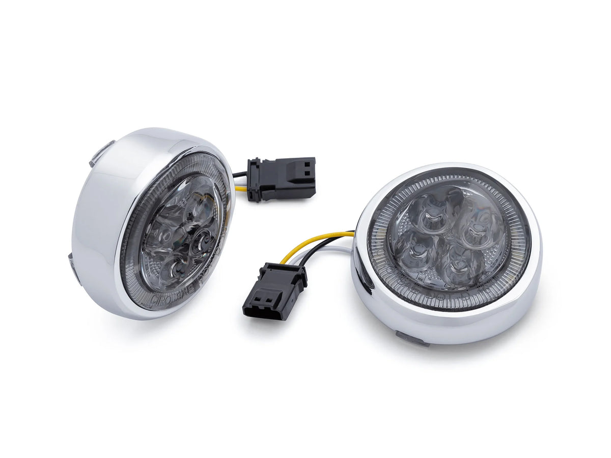 Fang LED Front Turn Signal Inserts - Chrome. Amber Turn, White Run with Smoke Lenses. Fits CVO Touring 2016up Models.