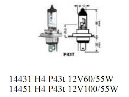H4 60/55W Clear Headlight Bulb.