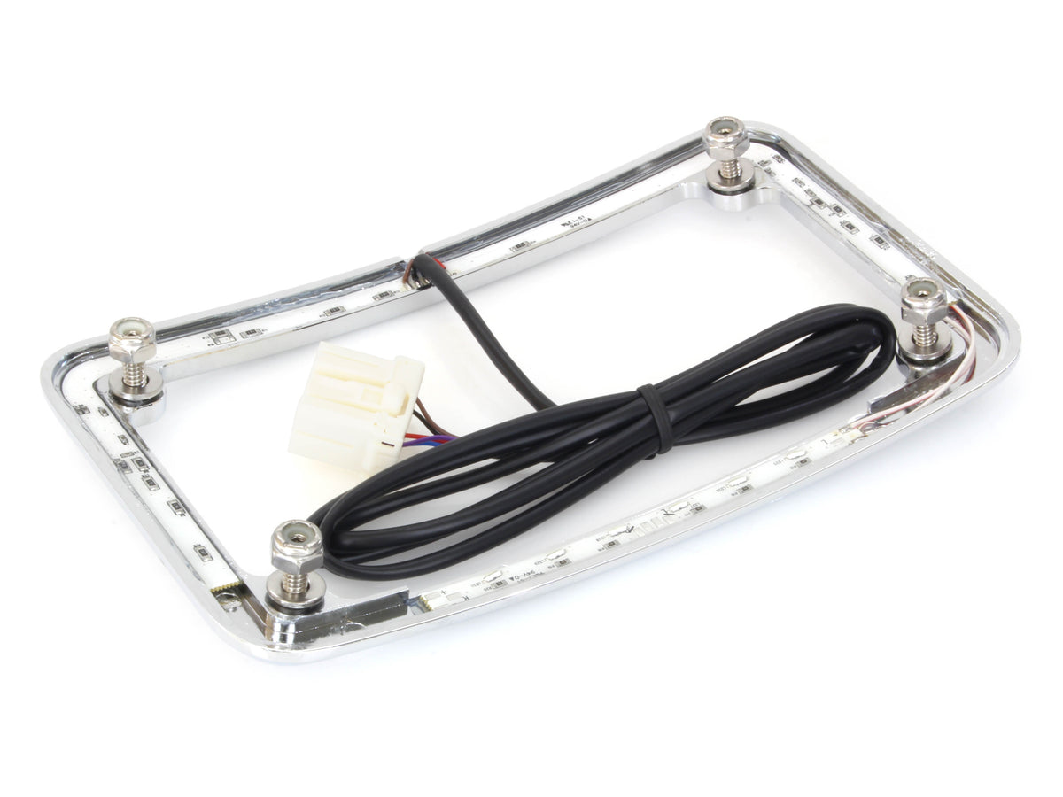 Curved Slick Signal Run, Turn, Brake & Number Plate Frame - Chrome. Fits Softail 1999-2010, FXD 1999-2017 & Sportster 1999-2021.