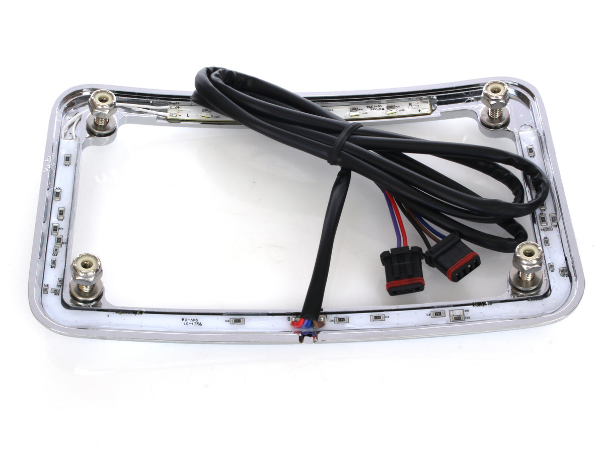 Curved Slick Signal Run, Turn, Brake & Number Plate Frame - Chrome. Fits Softail 2018up.