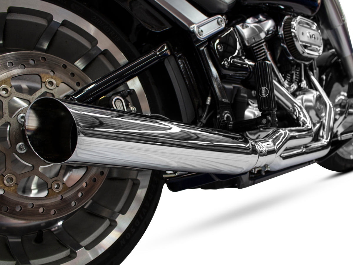 Low Cat 2-into-1 Exhaust - Chrome. Fits Breakout & Fat Boy 2018up & FXDR 2019up.