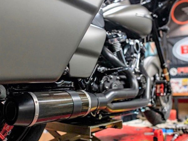 Bob Cat 2-into-1 Exhaust - Black with Carbon Fibre Sleeve Muffler. Fits Touring 2017-2023