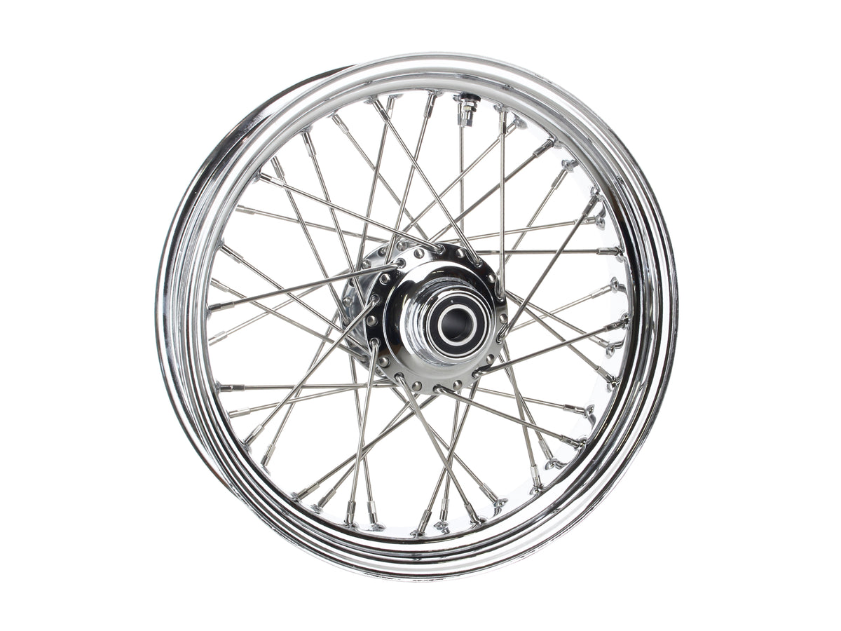 16in. x 3.5in. Front 40 Spoke Cross Laced Wheel - Chrome. Fits Softail Heritage 2011up, Deluxe 2011-2020, Slim 2012-2021 & Fatboy 2011-2017