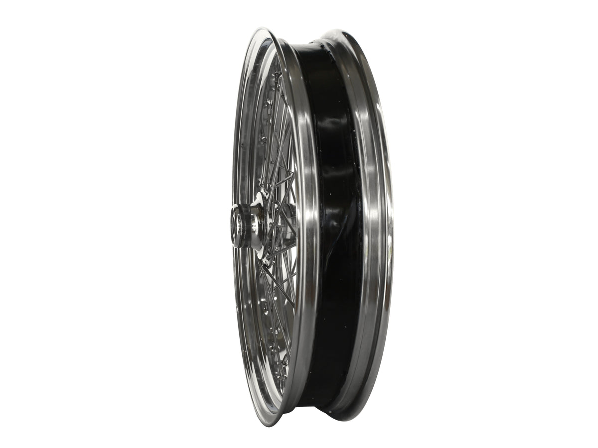 21in. x 3.5in. 40 Spoke Cross Laced Front Wheel - Chrome. Fits Softail Heritage 2011up, Deluxe 2011-2020, Slim 2012-2021 & Fatboy 2011-2017