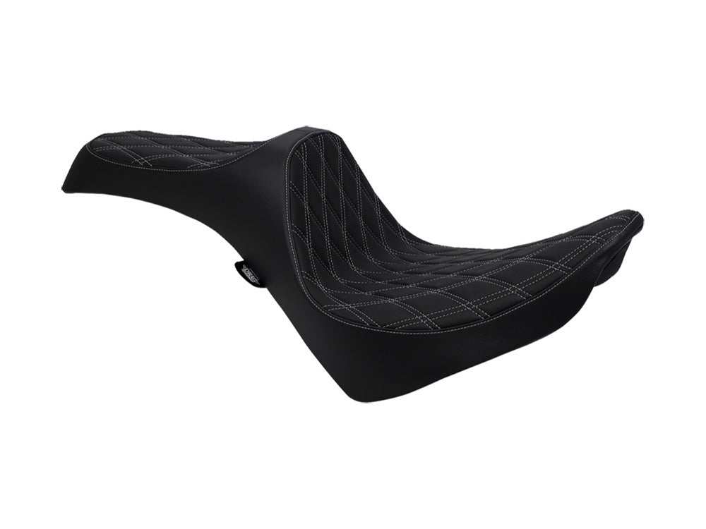 Predator 3 Dual Seat with Silver Double Diamond Lattice Stitch. Fits Softail Deluxe 2018-2020, Slim 2018-2021, Standard 2020-2024 & Street Bob & Heritage Classic 2018up