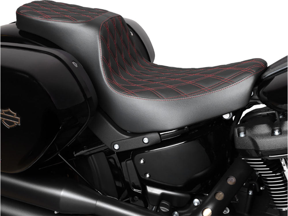Performance Predator 2up Dual Seat with Red Double Diamond Lattice Stitch. Fits Sport Glide & Low Rider 2018up, Low Rider S 2020up & Low Rider ST 2022up
