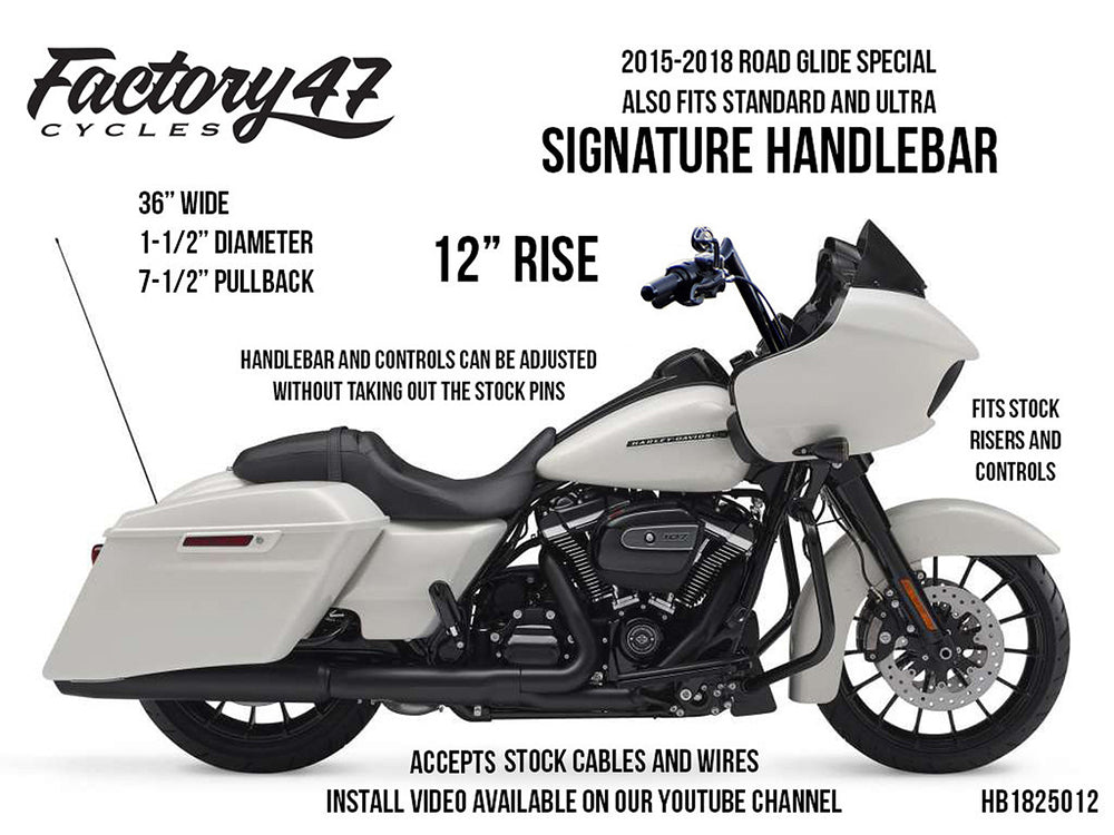 12in. x 1-1/2in. Signature Handlebar - Gloss Black. Fits Road Glide 2015-2023