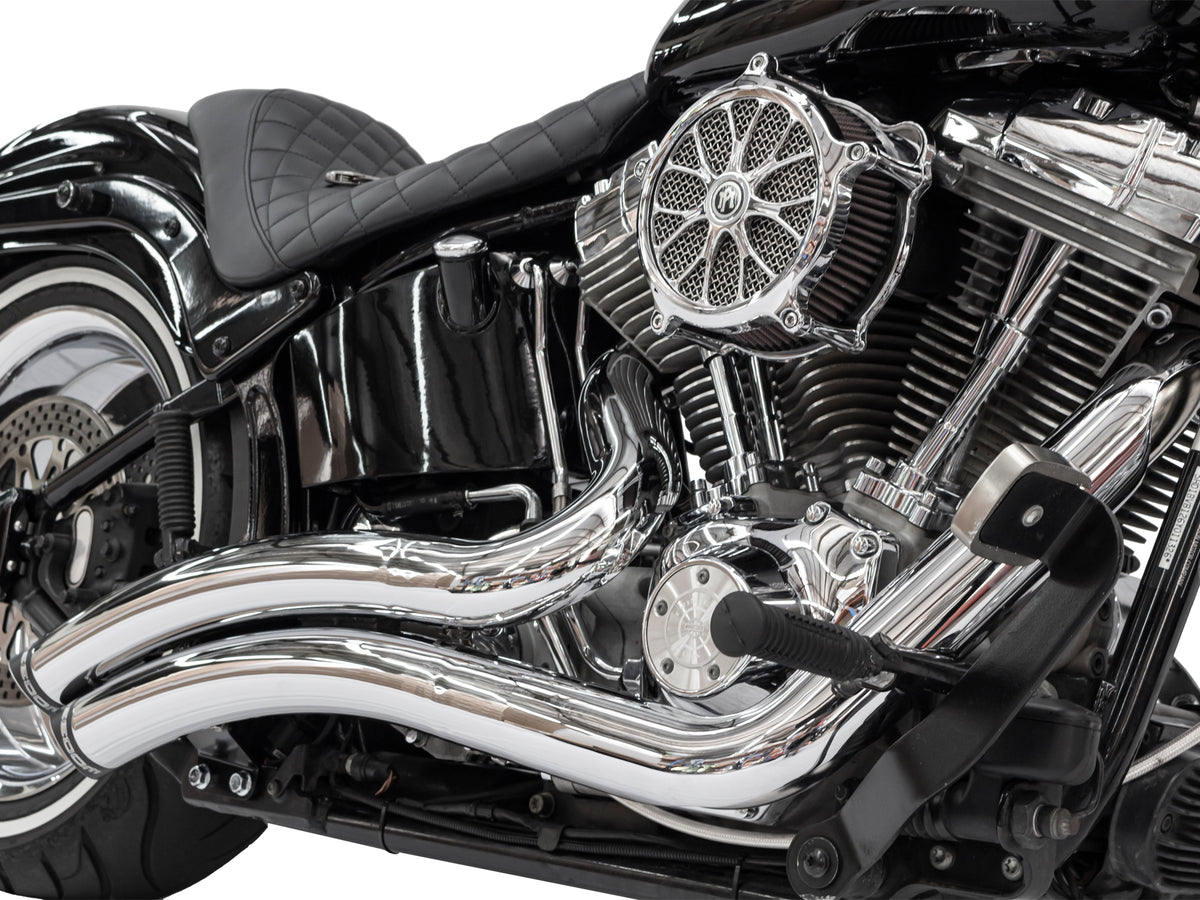 Sharp Curve Radius Exhaust - Chrome with Black End Caps. Fits Softail 1986-2017.