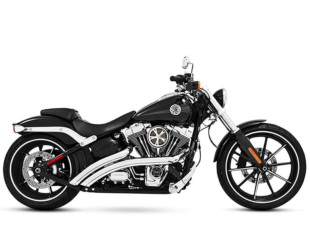 Radical Radius Exhaust – Chrome with Chrome End Caps. Fits Softail Breakout 2013-2017 & Rocker 2008-2011 – Freedom Performance Exhaust