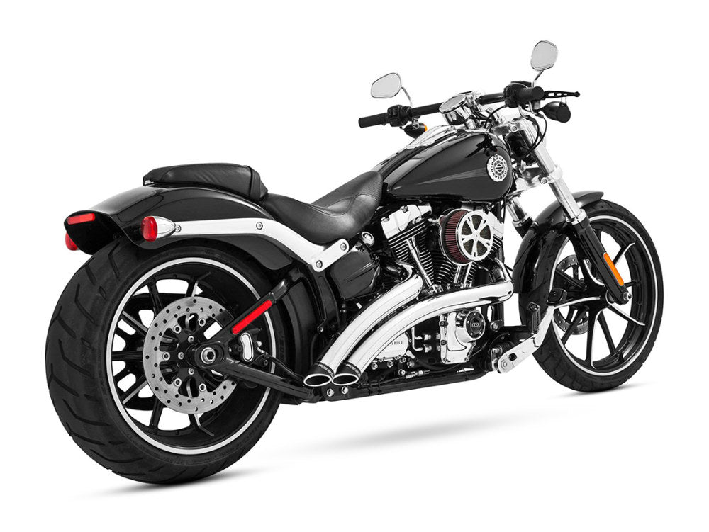 Radical Radius Exhaust – Chrome with Black End Caps. Fits Softail Breakout 2013-2017 & Rocker 2008-2011 – Freedom Performance Exhaust