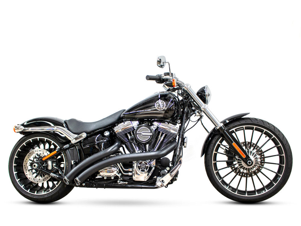 Radical Radius Exhaust – Black with Black End Caps. Fits Softail Breakout 2013-2017 & Rocker 2008-2011 – Freedom Performance Exhaust