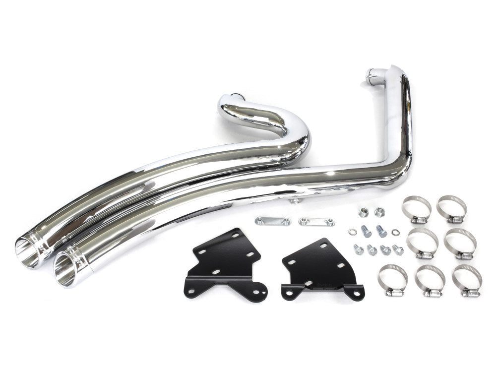 Sharp Curve Radius Exhaust - Chrome with Chrome End Caps. Fits Softail 2018up with Non-240 Rear Tyre
