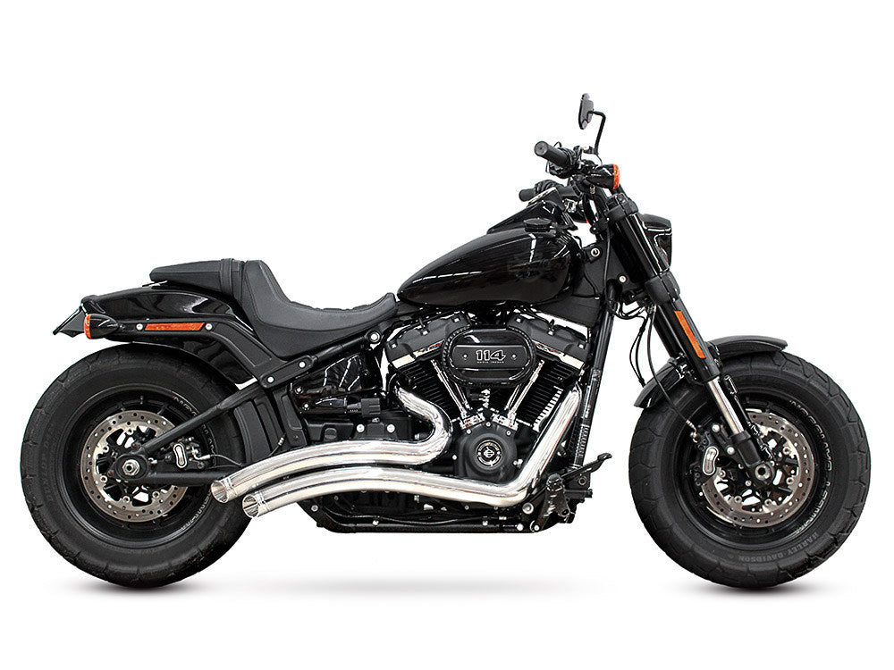 Sharp Curve Radius Exhaust - Chrome with Chrome End Caps. Fits Softail 2018up with Non-240 Rear Tyre