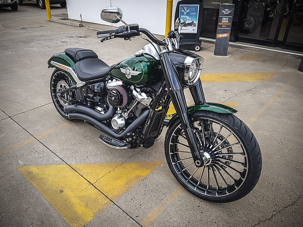 Sharp Curve Radius Exhaust - Black with Black End Caps. Fits Softail 2018up.
