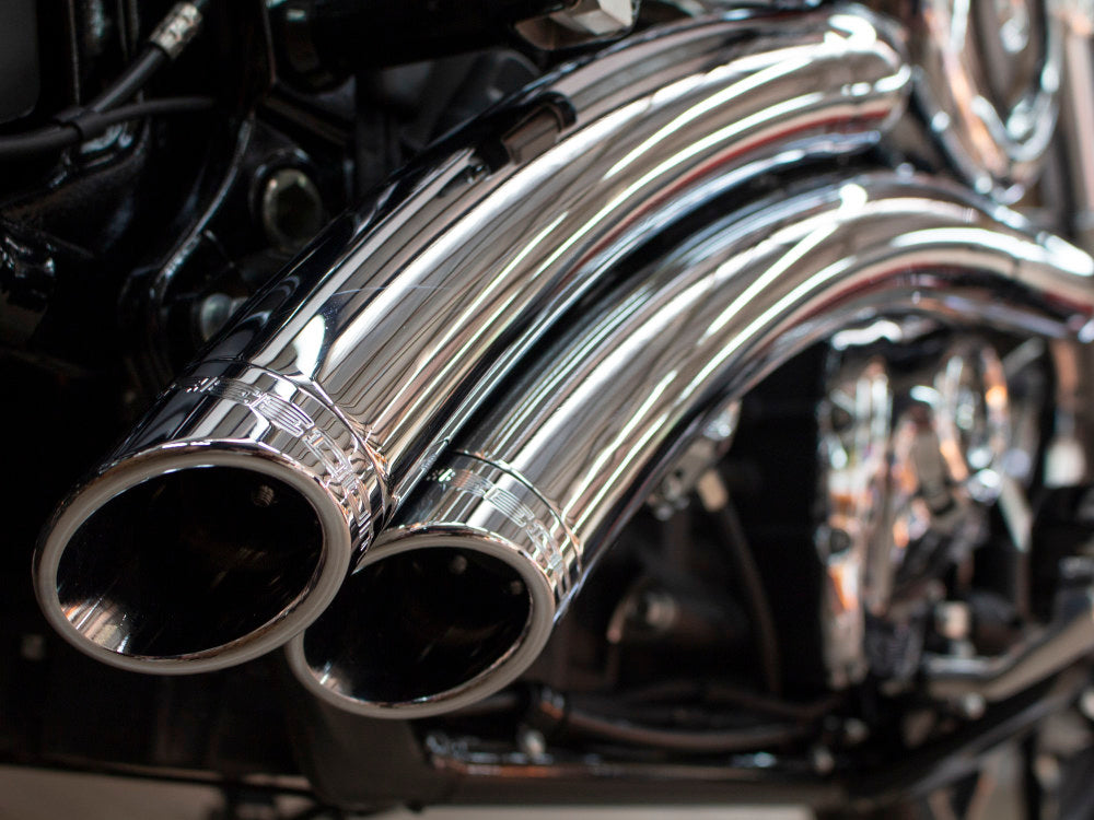 Radical Radius Exhaust – Chrome with Chrome End Caps. Fits Softail 2018up – Freedom Performance Exhaust