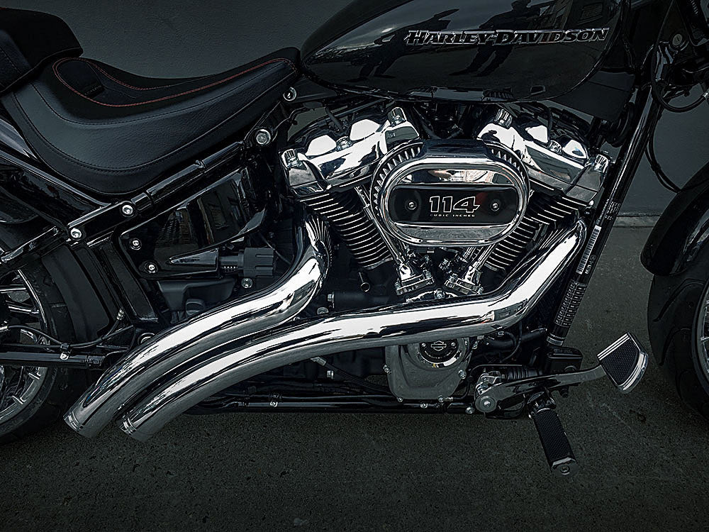 Radical Radius Exhaust – Chrome with Chrome End Caps. Fits Softail 2018up – Freedom Performance Exhaust