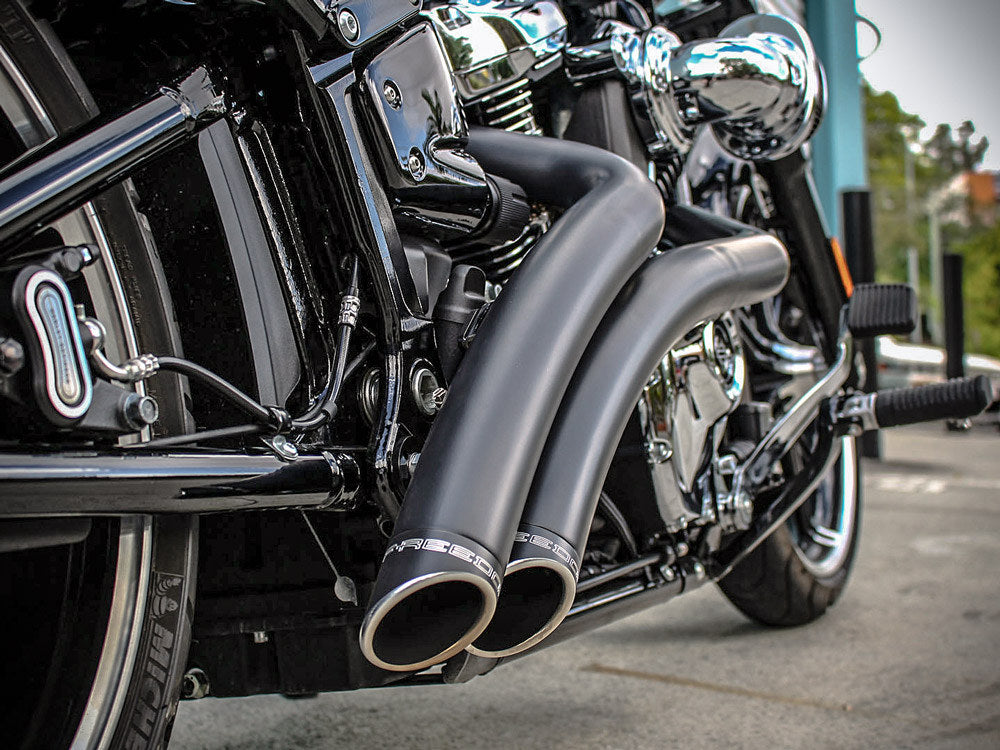 Radical Radius Exhaust – Black with Black End Caps. Fits Softail 2018up – Freedom Performance Exhaust