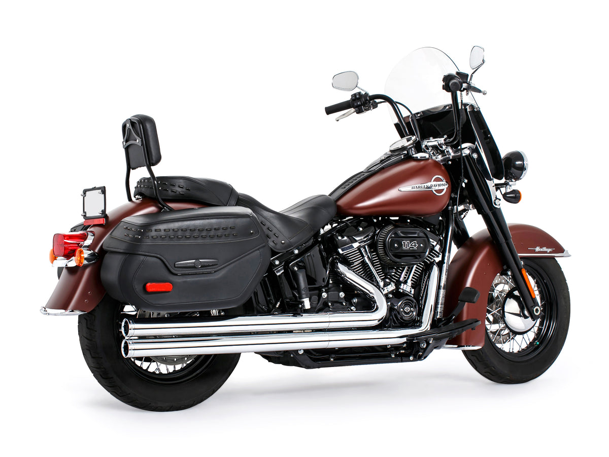 Independence Long Exhaust - Chrome with Chrome End Caps. Fits Softail 2018up with Non-240 Rear Tyre