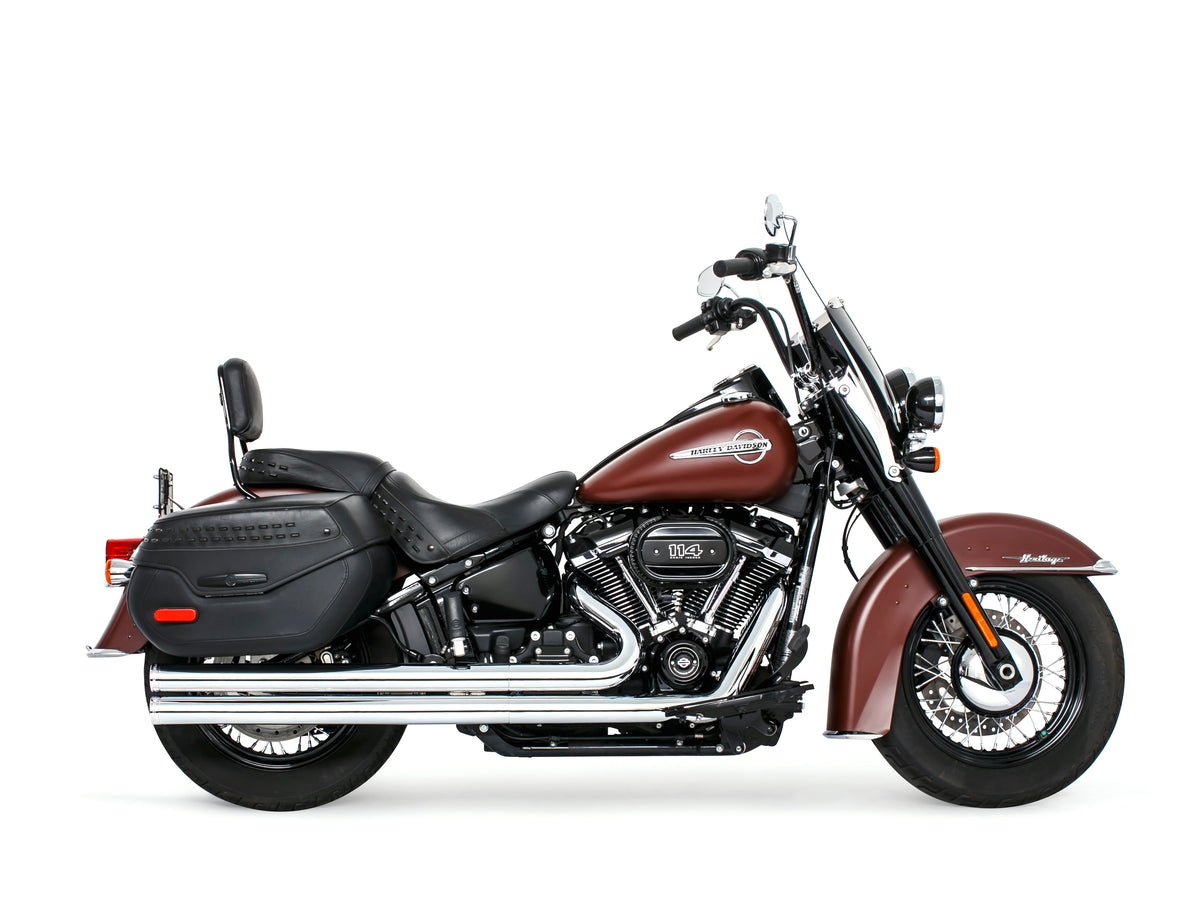 Independence Long Exhaust - Chrome with Chrome End Caps. Fits Softail 2018up with Non-240 Rear Tyre