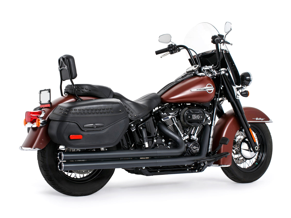 Independence Long Exhaust - Black with Black End Caps. Fits Softail 2018up with Non-240 Rear Tyre