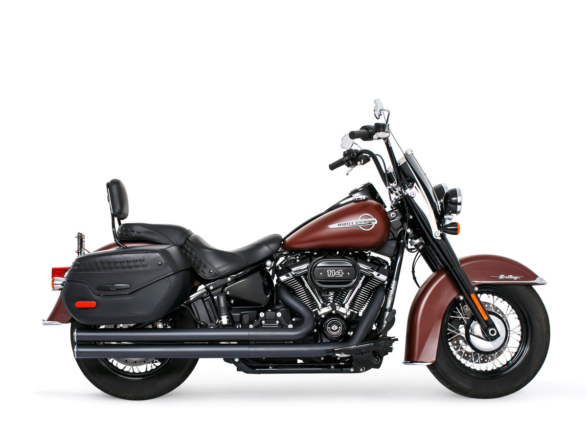 Independence Long Exhaust - Black with Black End Caps. Fits Softail 2018up with Non-240 Rear Tyre