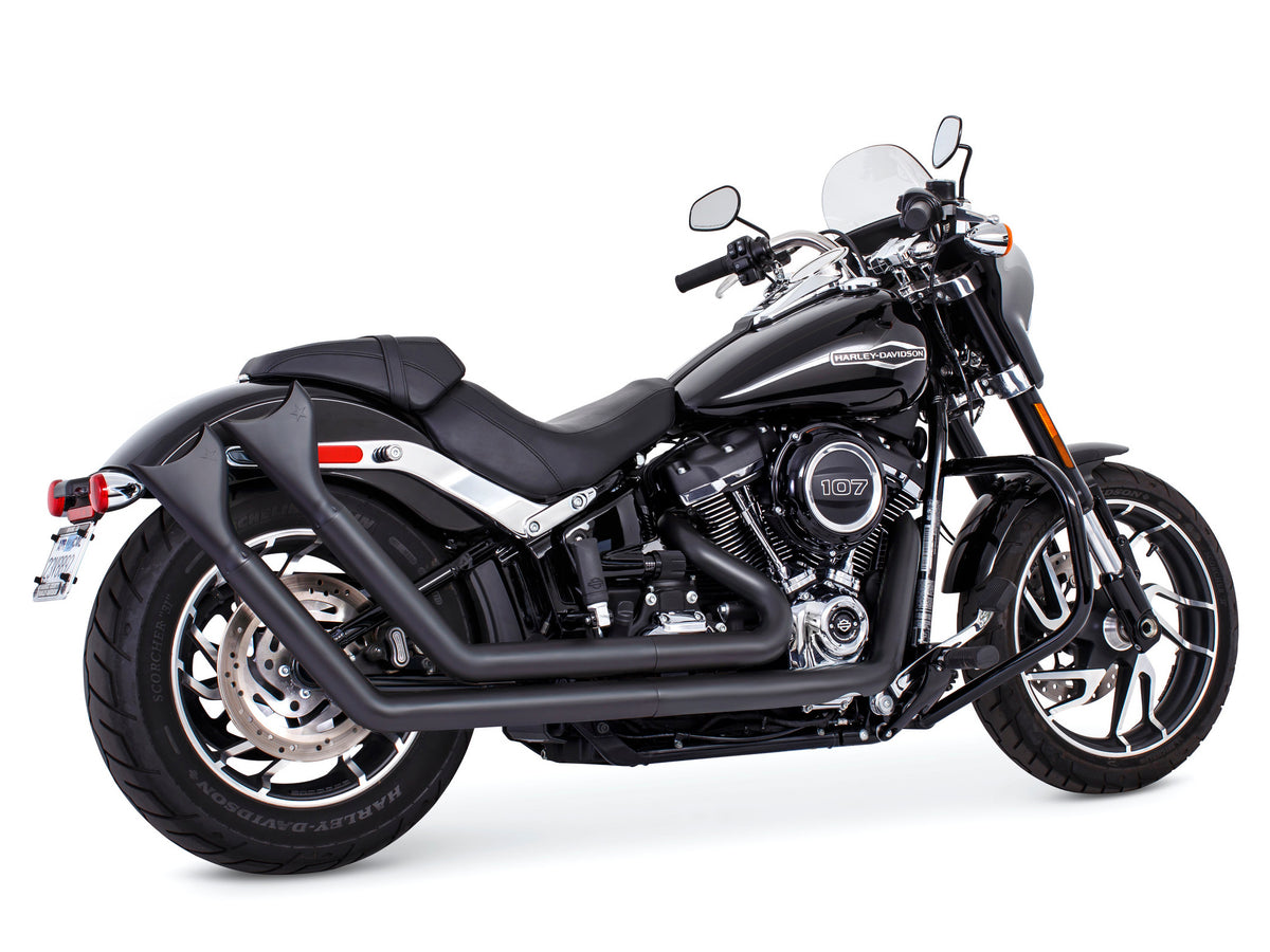 Upsweeps Exhaust - Black with Black Sharktail End Caps. Fits Softail 2018up with Non-240 Rear Tyre