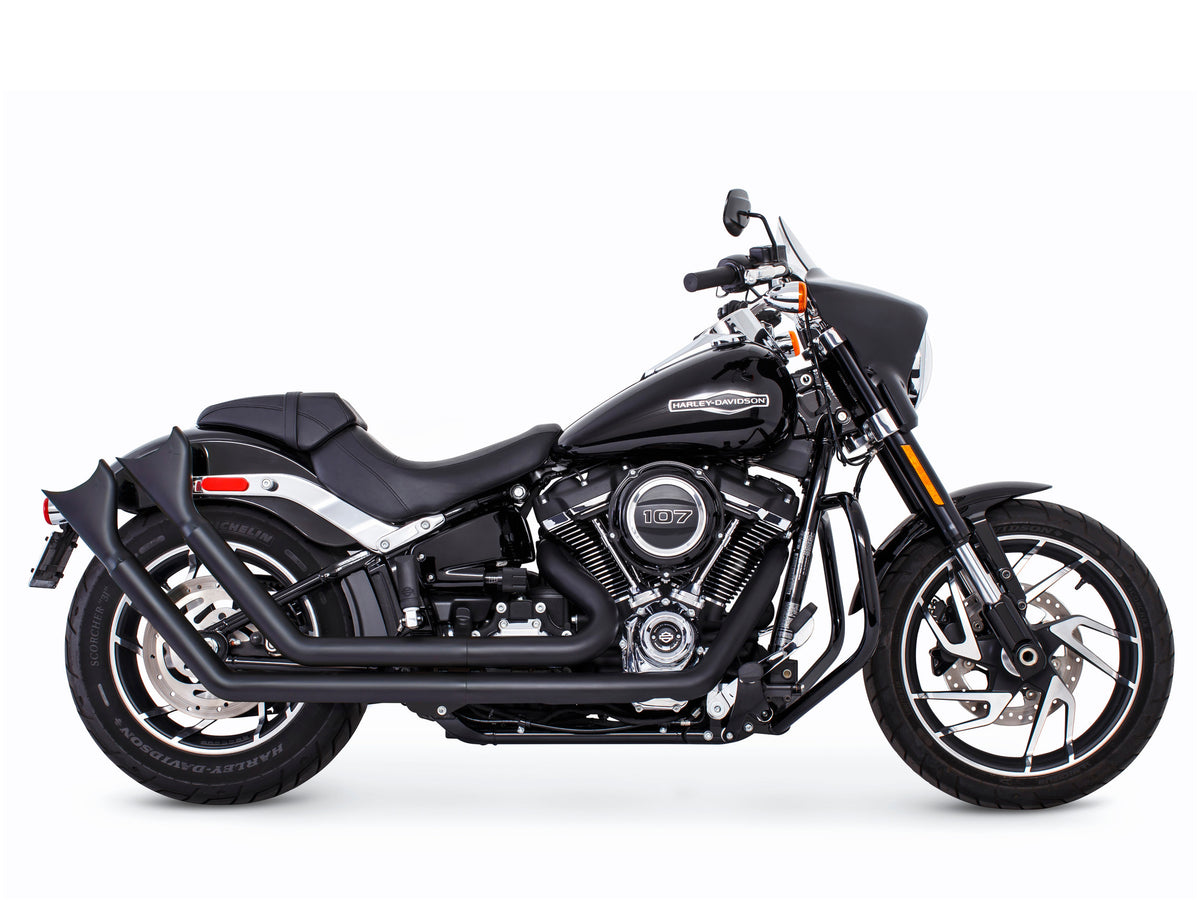 Upsweeps Exhaust - Black with Black Sharktail End Caps. Fits Softail 2018up with Non-240 Rear Tyre