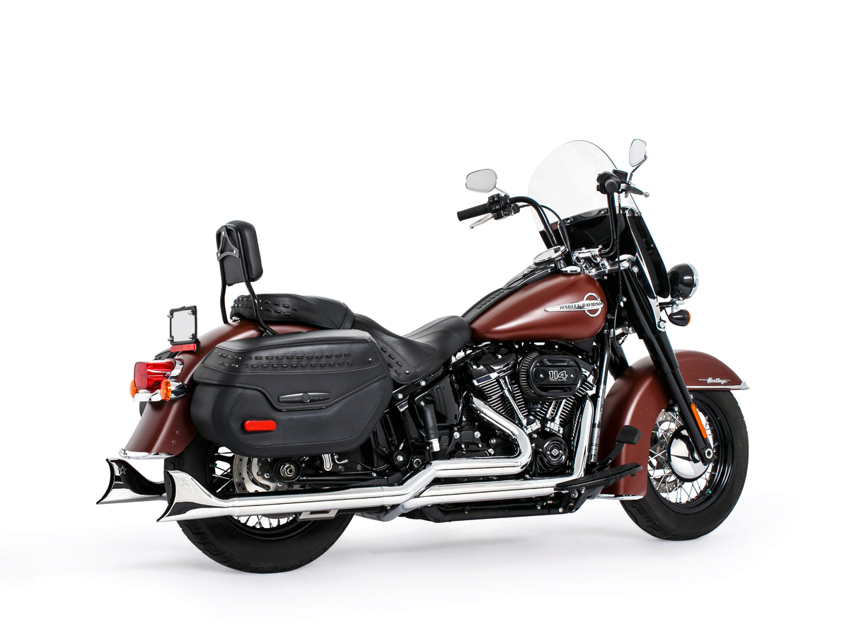 33in. True Dual SharkTail Exhaust - Chrome. Fits Softail 2018up with Non-240 Rear Tyre