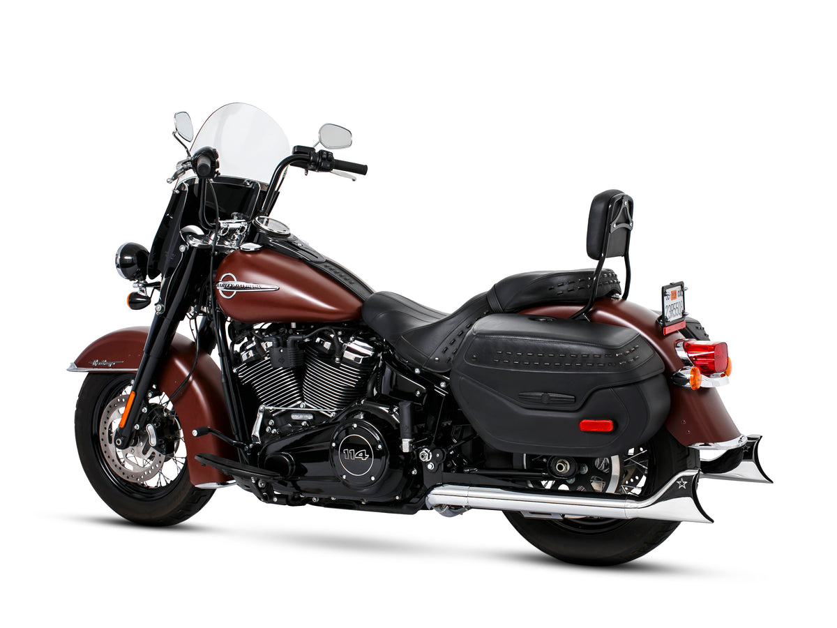 33in. True Dual SharkTail Exhaust - Chrome. Fits Softail 2018up with Non-240 Rear Tyre